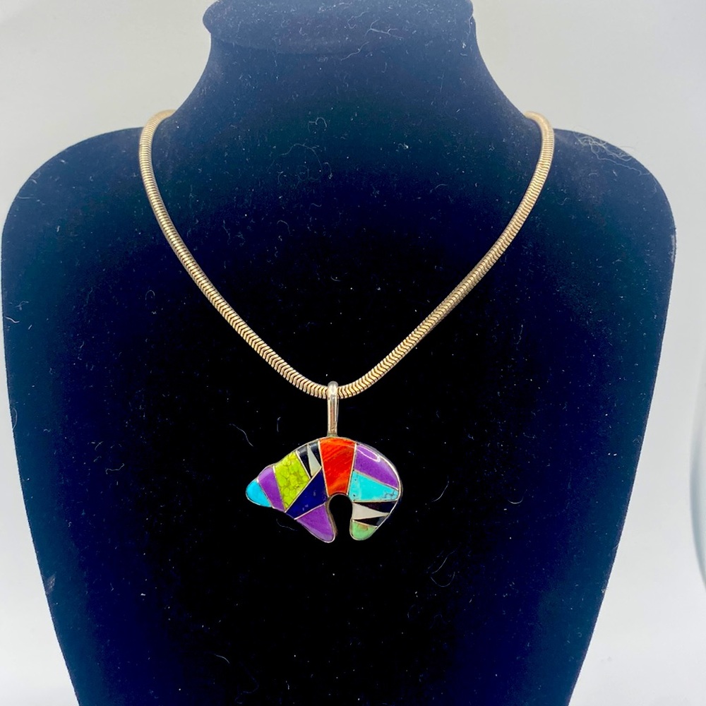 Navajo Turquoise Sterling Silver Hand-marked Natural Gem Bear Fetish Necklace
